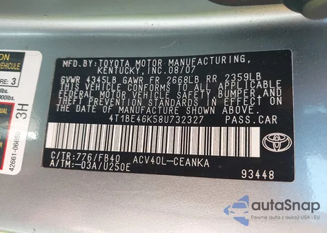 2008 Toyota Camry Ce/Le/Xle/Se z USA, uszkodzony, nr VIN 4T1BE46K58U732327